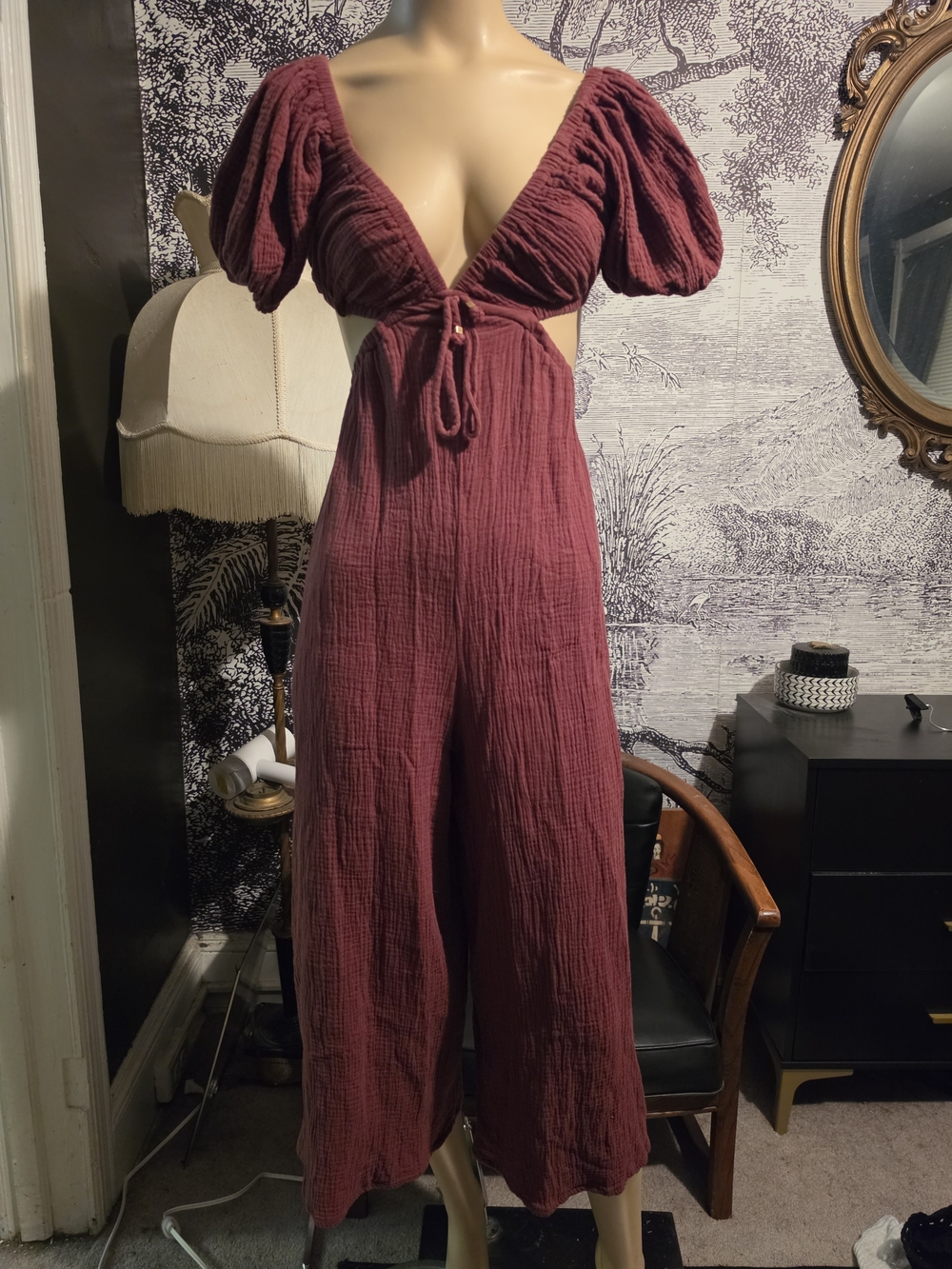 ASTR the Label Burgundy Cotton Gauze Puff Sleeve Cutout Jumpsuit XS
